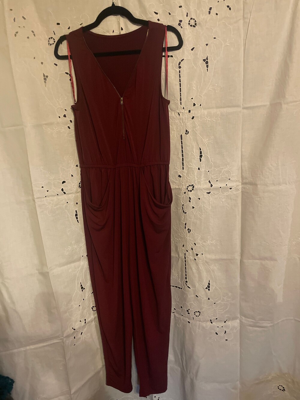 Xl Burgundy Sleeveless Zip Front Jumpsuit with Draped Pockets